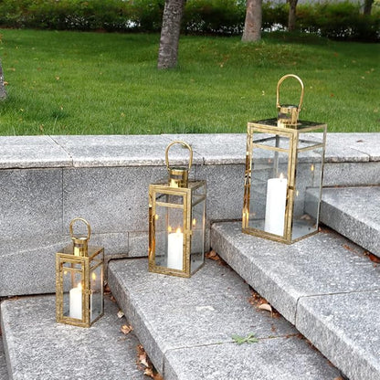 TRIROCKS Elegant Gold Stainless Steel Lantern Set- 3 Sizes (12", 15", 19") - Tempered Glass Panel Metal Lanterns for Versatile Indoor & Outdoor Decorating - Perfect for Celebrations