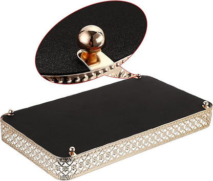 ELLDOO Gold Perfume & Makeup Vanity Tray - Hollow-Carved Jewelry Storage, Glass & Metal Trinket Organizer for Dresser & Bathroom Countertop, Large Size