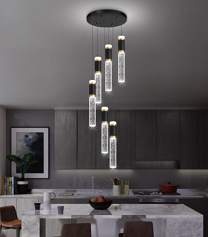 6-Lights Modern Crystal Spiral Chandelier for Staircase High Ceiling Chandeliers Bubble Pendant Lighting Hanging Light Fixture Flush Mount for Living Room Foyer Entryway