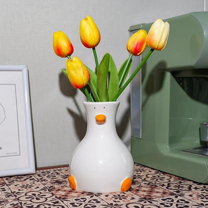 Handcrafted White Ceramic Duck Vase - Cute Animal-Themed Round Table Vase | Trendy Funky Art Decor for Fresh Flowers, Utensils & Accessories | Handcrafted Gift for Home Bedroom Office Decor