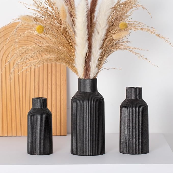 Bohemian Black Ceramic Vase - for Pampas Grass, Mantel, Bookshelf, Entryway and Living Room Decor (Black, Set of 3)
