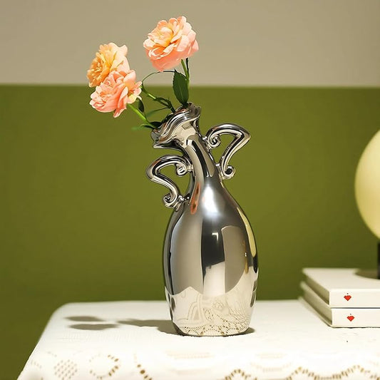 Unique Vases for Flowers，7 Inch Silver Small Diameter Vase, A Novel Decoration for The Dining Table, Living Room, Bookshelf and Office, A for Flower Lovers