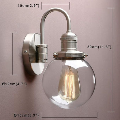 Yosoan 1-Light Vintage Industrial Fixture Light, 5.9'' Round Globe Clear Glass Shade with Elegant Curved Rod Hardwired Wall Sconce for Bathroom Porch Kitchen Living Room Hotel Foyer(Brushed)