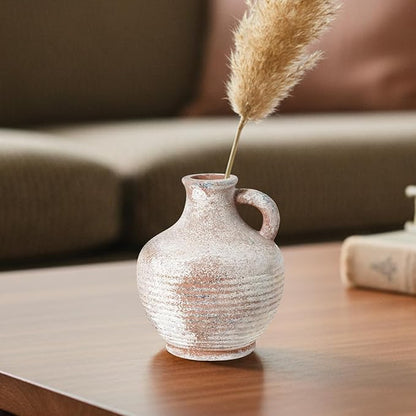 Sunddo 6 inch Rustic Ceramic Flowers Vase, Terracotta Pottery Small Vase with Handle, Farmhouse Decor,Table, Living Room, Bathroom, Shelf, Mantel Decor Brown