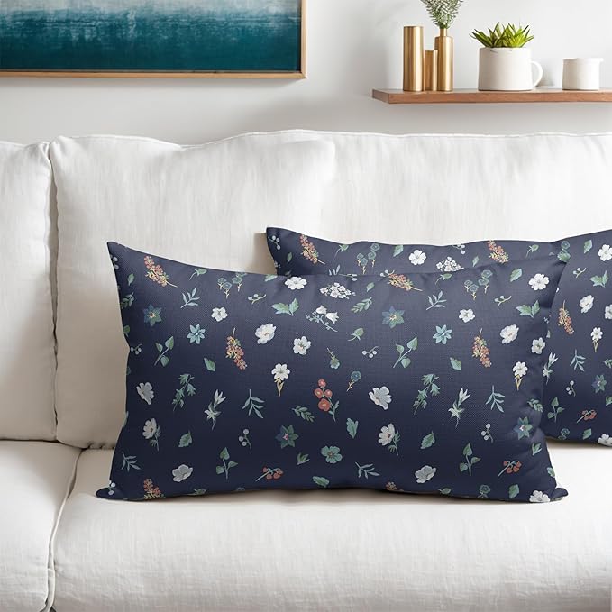 Vitage Floral Lumbar Pillow Covers 12x20 Set of 2 Navy Green Spring Flower Leaf Pattern Rustic Decorative Outdoor Farmhouse Boho Pillowcases Decorations Throw Cushion Cover Decor for Couch Sofa Bed