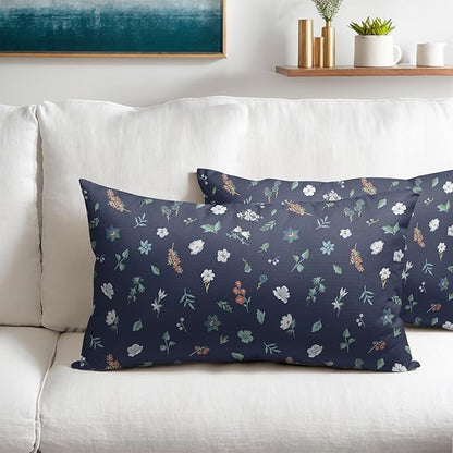 Vitage Floral Lumbar Pillow Covers 12x20 Set of 2 Navy Green Spring Flower Leaf Pattern Rustic Decorative Outdoor Farmhouse Boho Pillowcases Decorations Throw Cushion Cover Decor for Couch Sofa Bed