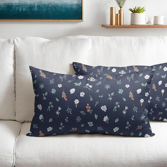 Vitage Floral Lumbar Pillow Covers 12x20 Set of 2 Navy Green Spring Flower Leaf Pattern Rustic Decorative Outdoor Farmhouse Boho Pillowcases Decorations Throw Cushion Cover Decor for Couch Sofa Bed