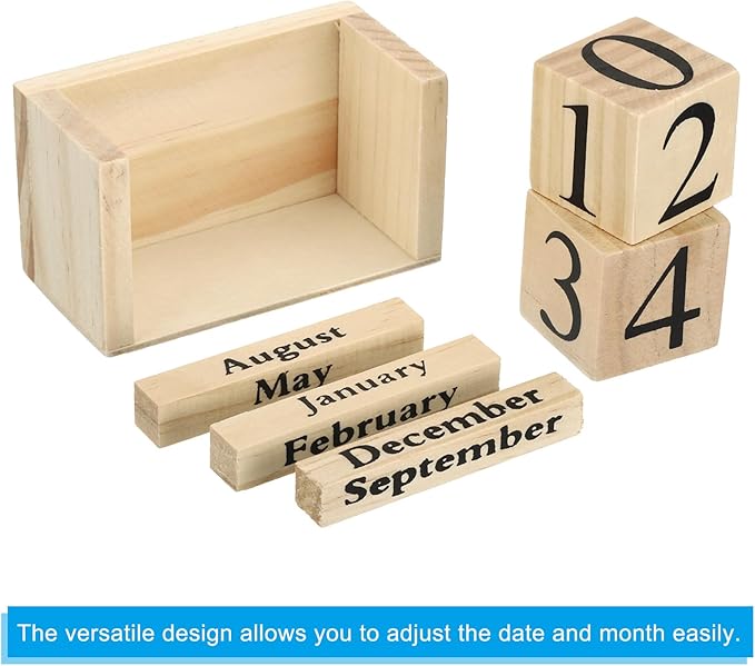 PATIKIL Vintage Wood Block Perpetual Calendar, Reusable Wooden Month Date Display Blocks for Desk Office Home Decoration 3.7", Brown