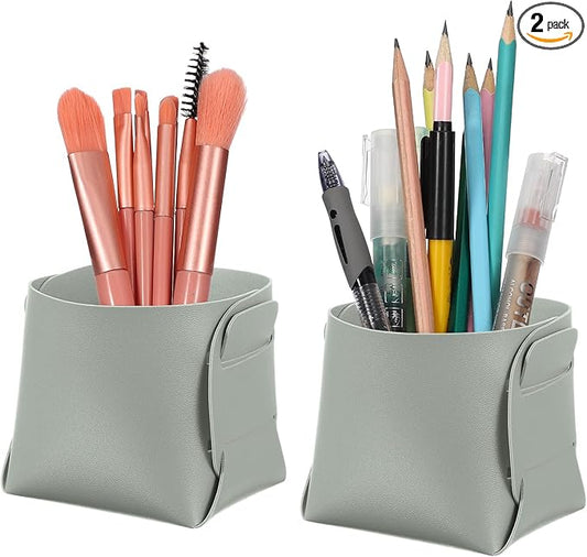 PATIKIL 2Pack Leather Desk Organizer, Leather Pencil Pen Holder Jewelry Valet Tray Hair Accessories Organizer for Bedroom Drawer Office Key Wallet Watch Pen Pencil Glasses, Medium Gray