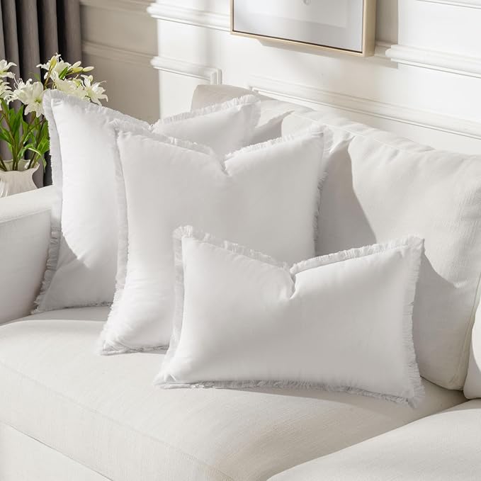 FUTEI Cream White Velvet Decorative Throw Pillow Covers 24x24 Set of 2,Soft Cozy Edge with Tassels European Cushion Case,Boho Modern Home Decor for Couch Bed Living Room
