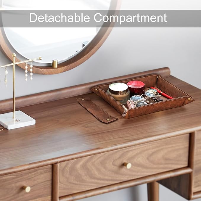 SITHON Valet Tray Desktop Storage Organizer, Removable 2 Compartments Catchall Tray Bedside Vanity Nightstand Caddy Holder Desk Storage Plate, Brown