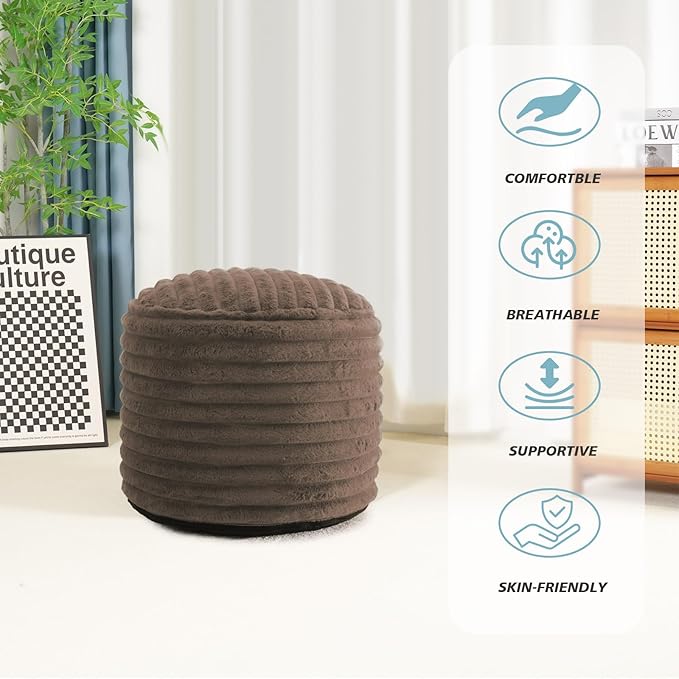Pouf Ottoman Stuffed Round for Foot Rest, Faux Fur Poufs with Foam Chunk Filling, Storage Ottoman Pouf Foot Stool Cushion, 26 X 18 Inch Floor Chair for Living Room Bedroom Home Decor, Brown
