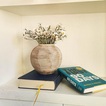Rustic Ribbed Vase Home Decor - 6.3 in Ceramic Vintage Farmhouse Vases for Decor, Decorative Terracotta Round Bowl vase for Living Room, Table, Shelf, Kichen Decor