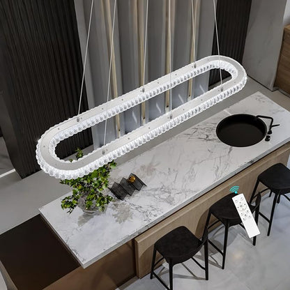 LED Oval Ring Chandelier Crystal Pendant Lighting for Dining Table Kitchen Island Remote Dimmable Hanging Light Chandeliers for Entryway Living Room Lights Silver