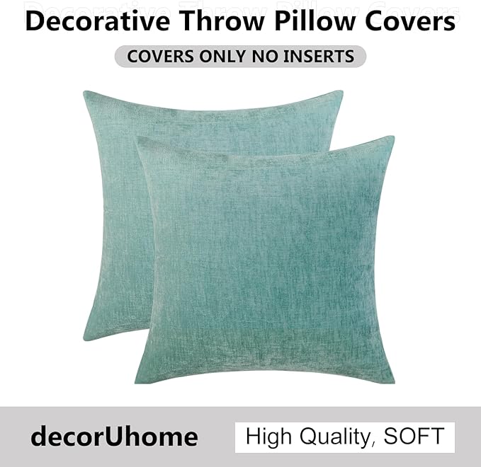 decorUhome Chenille Aqua Haze Spring Throw Pillow Covers 24x24 Inch Set of 2, Decorative Soft Couch Pillow Covers Solid Dyed Accent Farmhouse Neutral Square Pillow Cases for Sofa
