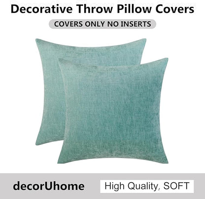 decorUhome Chenille Aqua Haze Spring Throw Pillow Covers 24x24 Inch Set of 2, Decorative Soft Couch Pillow Covers Solid Dyed Accent Farmhouse Neutral Square Pillow Cases for Sofa