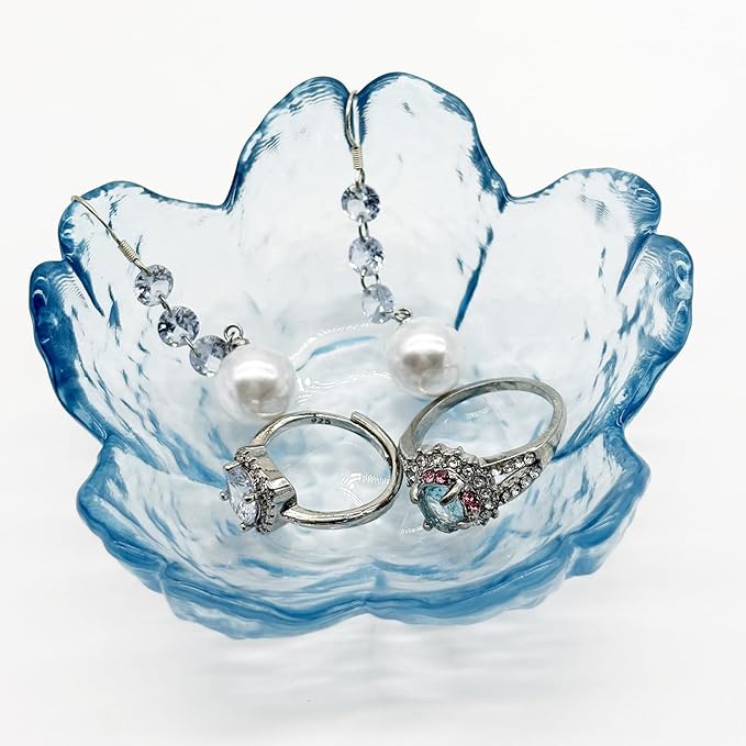 Glass Jewelry Dish Tray, Crystal Ring Holder Dish, Small Ring Dishes for Women Engagement Gift, Flower Trinket Bowl Jewerly Tray, Decorative Jewely Bowl, Jewlery Plate (Crystal Blue)