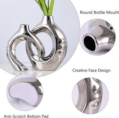 LCCCK Gold Ceramic Vases for Home Decor, Boho Vase for Flowers Pampas Grass Decorative, Hollow Donut Small Vase for Living Room Table Wedding Centerpiece Modern Vases (Silver)