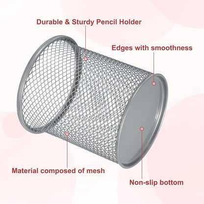 uxcell 2Pcs Mesh Pencil Holder, Metal Pen Cup Desk Organizer Makeup Brush Cup Holder for Home, Office, Classroom(Silver)