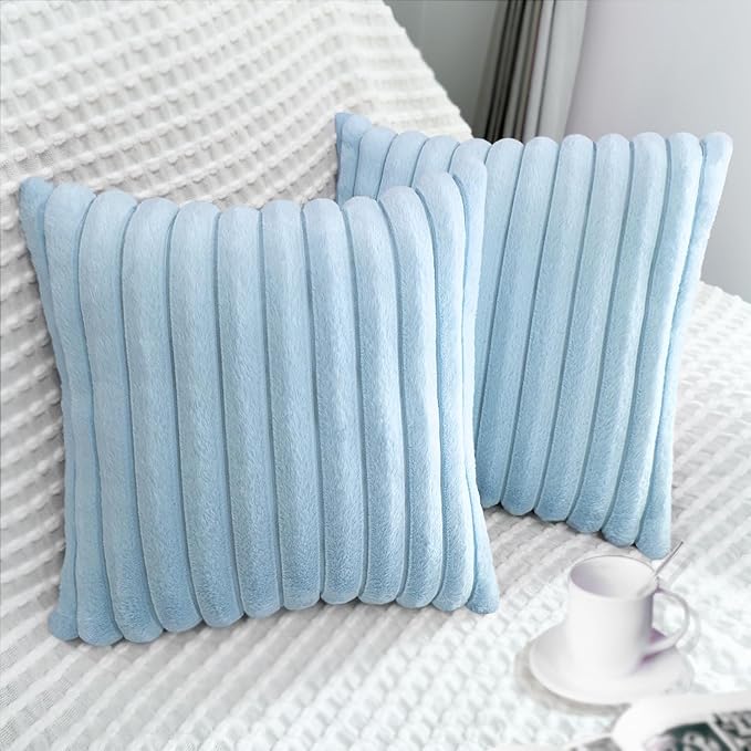 2 Pack 16x16 Pillow Cover Velvet Pillow Covers, Faux Fur Square Throw Pillow Covers for Living Room Decorations Throw Pillow Case, Throw Pillow Cover Cushion Cover for Sofa Bedroom Car, Light Blue