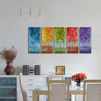 MyArton Handmade Metal Wall Art with Bog Life Multi-Colored Tree, 3D Abstract Design Artwork for Modern and Contemporary Decor, Indoor Outdoor Wall Decorations, 5-Panels Metal Art Measure 24"x 64"