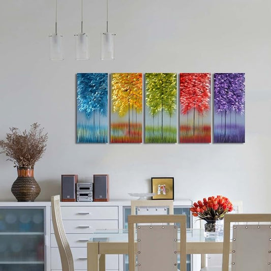 MyArton Handmade Metal Wall Art with Bog Life Multi-Colored Tree, 3D Abstract Design Artwork for Modern and Contemporary Decor, Indoor Outdoor Wall Decorations, 5-Panels Metal Art Measure 24"x 64"