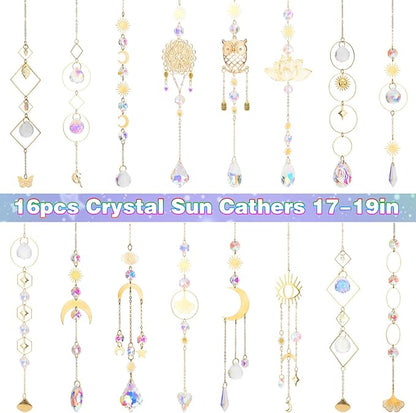 16 pcs Crystal Suncatcher, Colorful Suncatchers Sun Catchers Indoor Window Hanging Ornaments for Home Garden Ceiling Christmas Party Wedding Indoor Outdoor Decoration Prism Rainbow Maker
