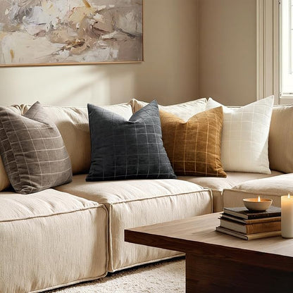 MIULEE Decorative Chenille Check Throw Pillow Covers Vintage Plaid Couch Pillows 20x20 Inch Set of 2 Neutral Boho Farmhouse Cushion Covers Modern Home Decor for Sofa Bed Living Room Black