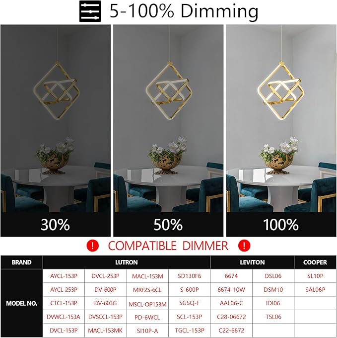 Modern LED Pendant Light Gold Pendant Lights 4000K 35W Dimmable Height Adjustable Pendant Lighting Rectangle Chandelier for Kitchen Island Dining Room Bedroom Living Room Foyer（3-Ring）