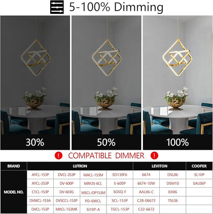 Modern LED Pendant Light Gold Pendant Lights 4000K 35W Dimmable Height Adjustable Pendant Lighting Rectangle Chandelier for Kitchen Island Dining Room Bedroom Living Room Foyer（3-Ring）