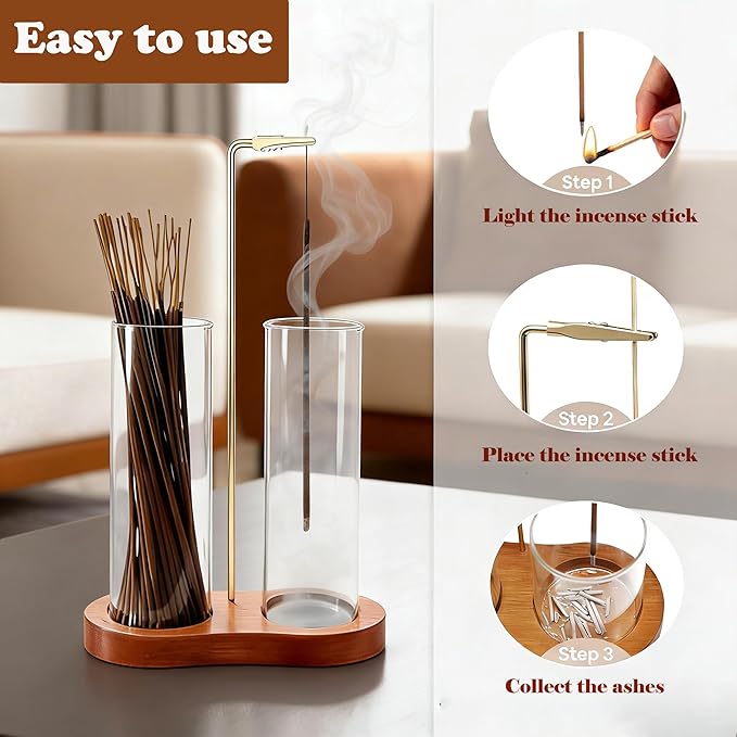 Incense Holder for Sticks 2 in 1 Incense Burner Holder with Storage & Ash Catcher Wooden Base, Glass Vessels, Metal Clip for Meditation, Yoga, Spa, Home & Garden Decor (Two Bases Included)