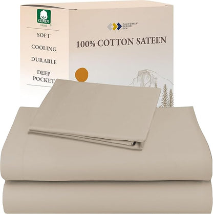 California Design Den Natural 100% Cotton Sheets Twin XL Size Set - Soft Sateen, Twin XL Sheet Sets, Deep Pockets, Breathable & Durable Bedding for Dorm Rooms, College Beige (Warm Taupe)