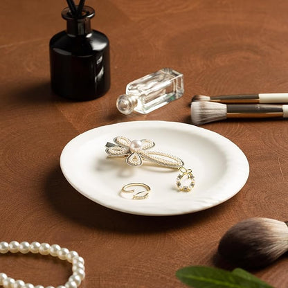 Ceramic Jewelry Tray Decorative Ring Holder and Trinket Dish for Women Wedding Engagement Birthday Gift for Her Jewelry Organizer Vanity Tray (white)
