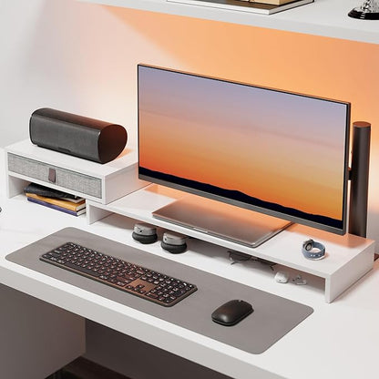 Fenge Computer Monitor Riser Stand with Drawer for 2 or 3 Monitors ,Adjustable Length and Angle Desktop Laptop Stand,Office Organizer,Printer,White