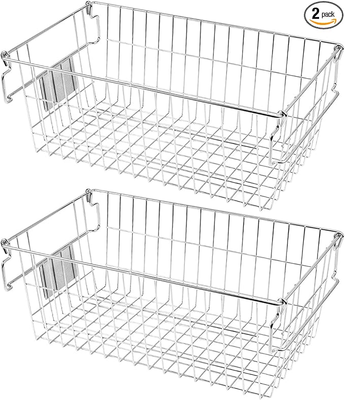 Orgneas Stackable Chest Freezer Baskets Organizer Bins, Metal Wire Baskets Pantry Organizer Produce Baskets with Tag Slot for Snacks Vegetables and Fruits