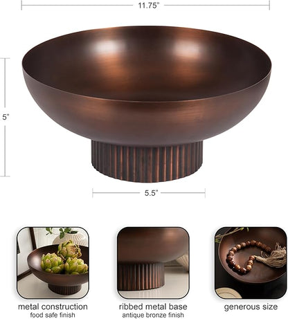 Kate and Laurel Rooks Ribbed Decorative Metal Bowl, 12 Inch Diameter, Bronze, Vintage Raised Fruit Bowl for Kitchen Counter or Use as a Key Bowl for an Entryway Table