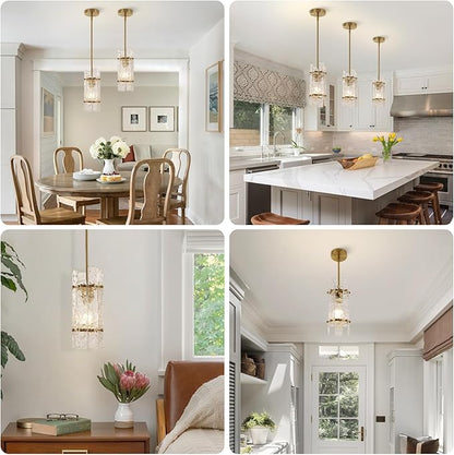 Gold Crystal Pendant Light for Kitchen Island,Luxury Mini Water Ripple Glass Chandelier Lights Fixture, Modern Round Adjustable Hanging Pendant Lighting for Dining Room Bedroom Hallway (3-Pack)