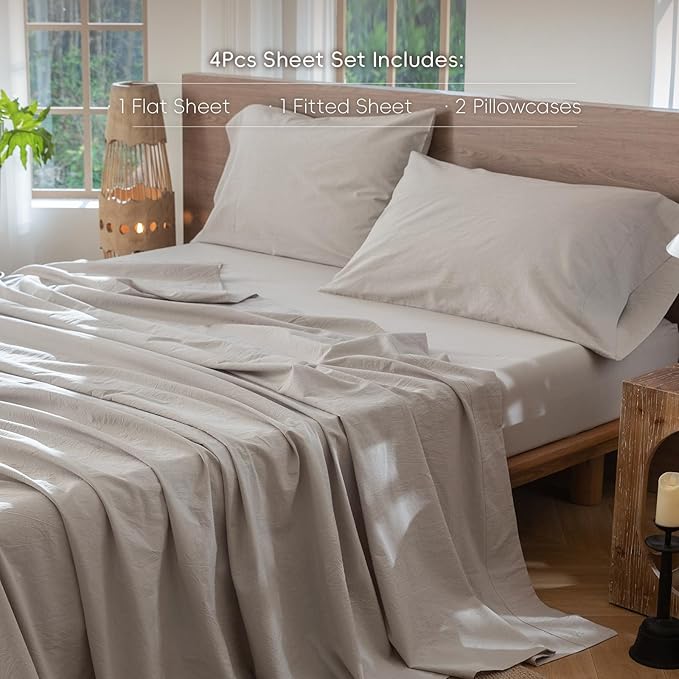MooMee Bedding Sheet Set 100% Washed Cotton Linen Like Textured Breathable Durable Soft Comfy (Solid Light Tan, Full)