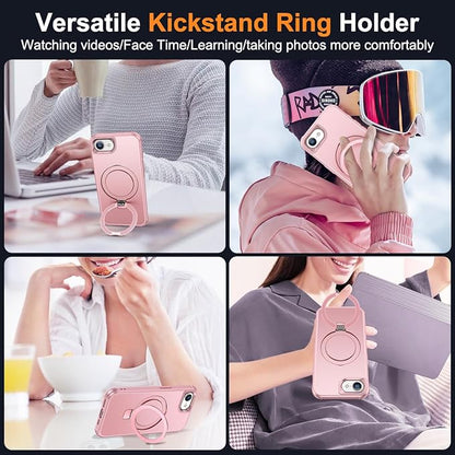 Compatible with iPhone 16E Case with Invisible Magnetic O-Ring Stand Military-Grade Case for iPhone 16E 6.1" 2025 [Compatible with Mag-Safe][Great Grip Feeling], Rose Gold