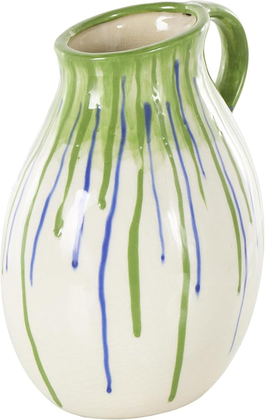 Deco 79 Ceramic Abstract Decorative Vase Centerpiece Vases with Green and Blue Drip Design and Handle, Flower Vases for Home Decoration 9" x 8" x 11", White