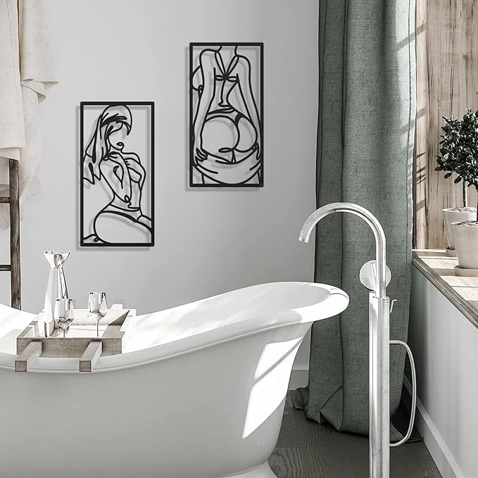Bakovity Black Metal Bathroom Wall Decor Minimalist Line Art Wall Decor Black Abstract Modern Wall Art for Bathroom Living Room Bedroom (4 Pcs,17 x 9 in)