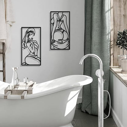 Bakovity Black Metal Bathroom Wall Decor Minimalist Line Art Wall Decor Black Abstract Modern Wall Art for Bathroom Living Room Bedroom (4 Pcs,17 x 9 in)