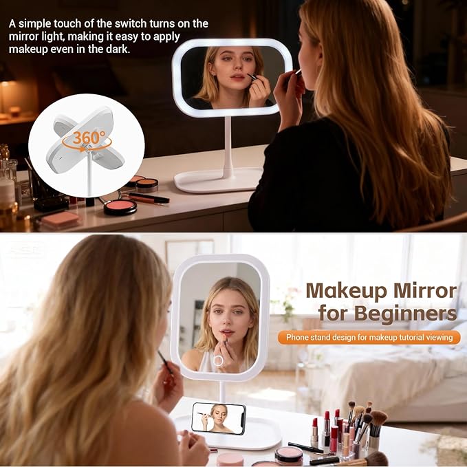 Rechargeable 2400mAh Makeup Mirror,360-degree rotatable Tabletop Vanity Mirrors with Lights，High-Definition led led Vanity Mirrors，Compact Mirror with Light for Women Gifts