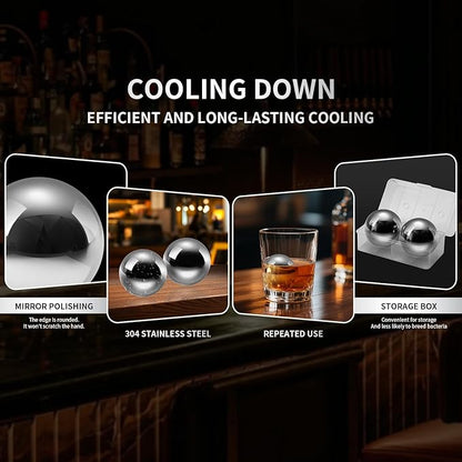 Stainless Steel Whiskey Ice Balls, Whiskey Stones, Set of 2 Reusable Metal Ice Cubes for Chilling Whiskey & Beverages - Gift Set for Men