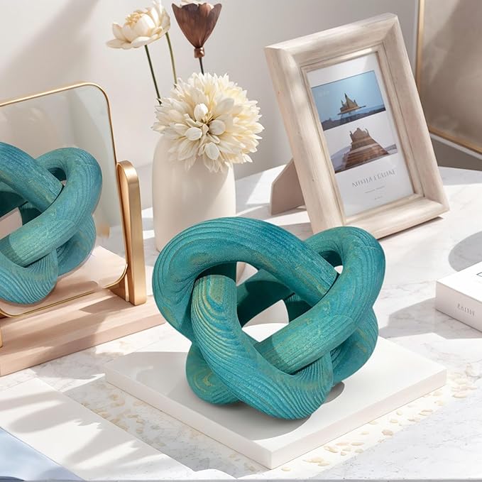 Wood Knot Decor -Coffee Table Decor Shelf Decor Table Books Hand Carved Home Decoration Boho Country Rustic Modern Shabby Chic Style 3 Link Wooden Knot Chain Link Decor (Blue)