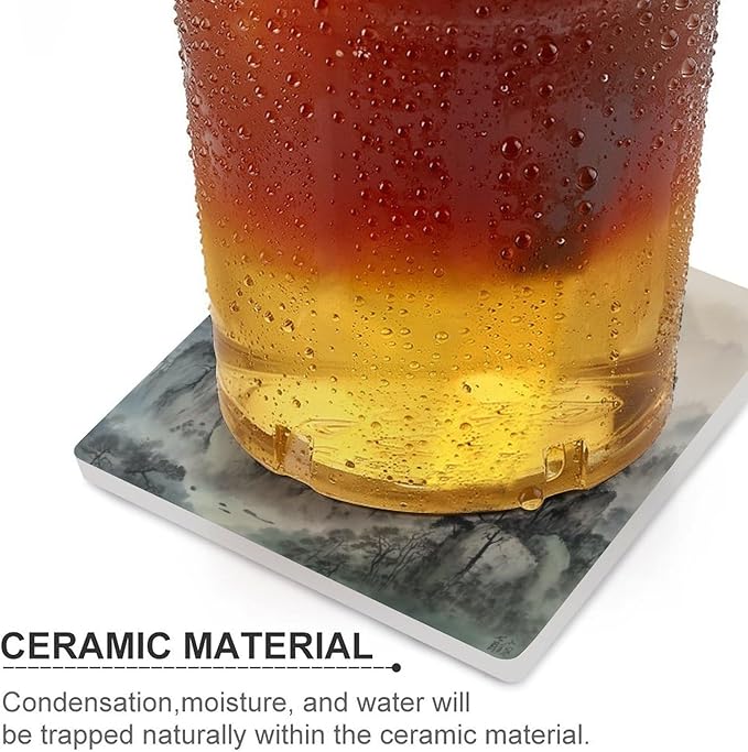 6PCS Forest Ceramic Coasters, Square Absorbent Drink Coasters, Watercolor Japan China Style Nature Mountain Woodland Green Forest Ceramic Table Coasters for Coffee, Beverage, Wine, Beer Coasters