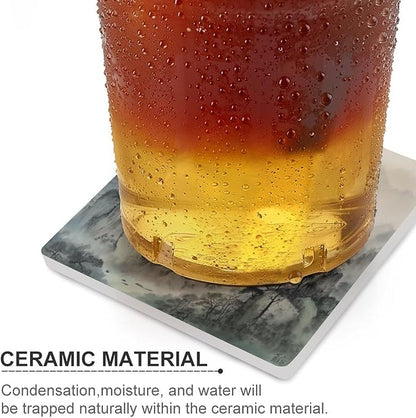 6PCS Forest Ceramic Coasters, Square Absorbent Drink Coasters, Watercolor Japan China Style Nature Mountain Woodland Green Forest Ceramic Table Coasters for Coffee, Beverage, Wine, Beer Coasters