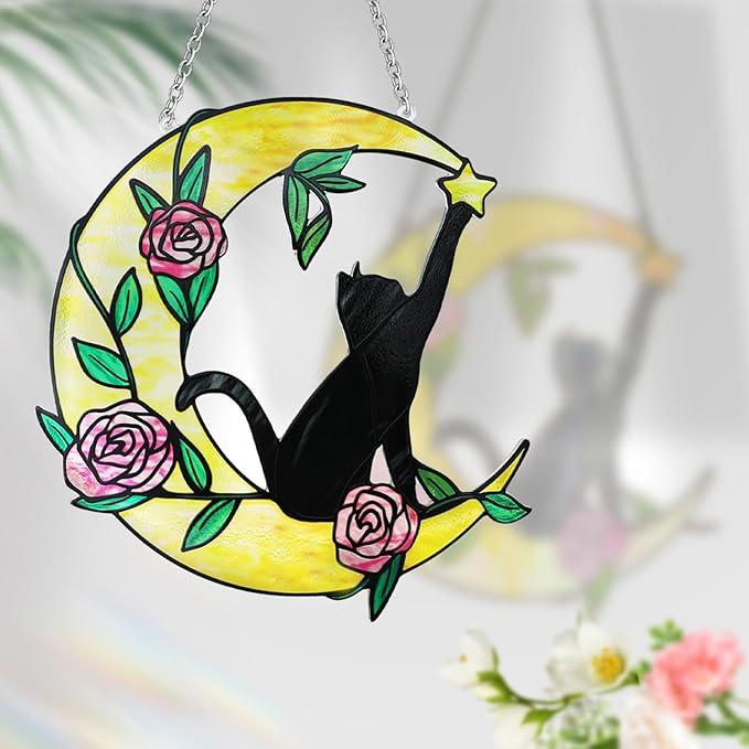 Stained Glass Window Hanging, 10 Inch Stained Glass Suncatcher, Cat Suncatcher for Home Decor, Garden, Patio, Gift for Nature and Cat Lovers