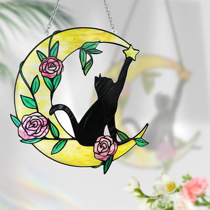Stained Glass Window Hanging, 10 Inch Stained Glass Suncatcher, Cat Suncatcher for Home Decor, Garden, Patio, Gift for Nature and Cat Lovers
