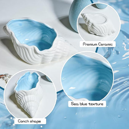 Conch Shell Ceramic Jewelry Tray, Blue White Ring Holder Dish, Decorative Trinket Dish for Rings Earrings Necklaces Bracelet Keys